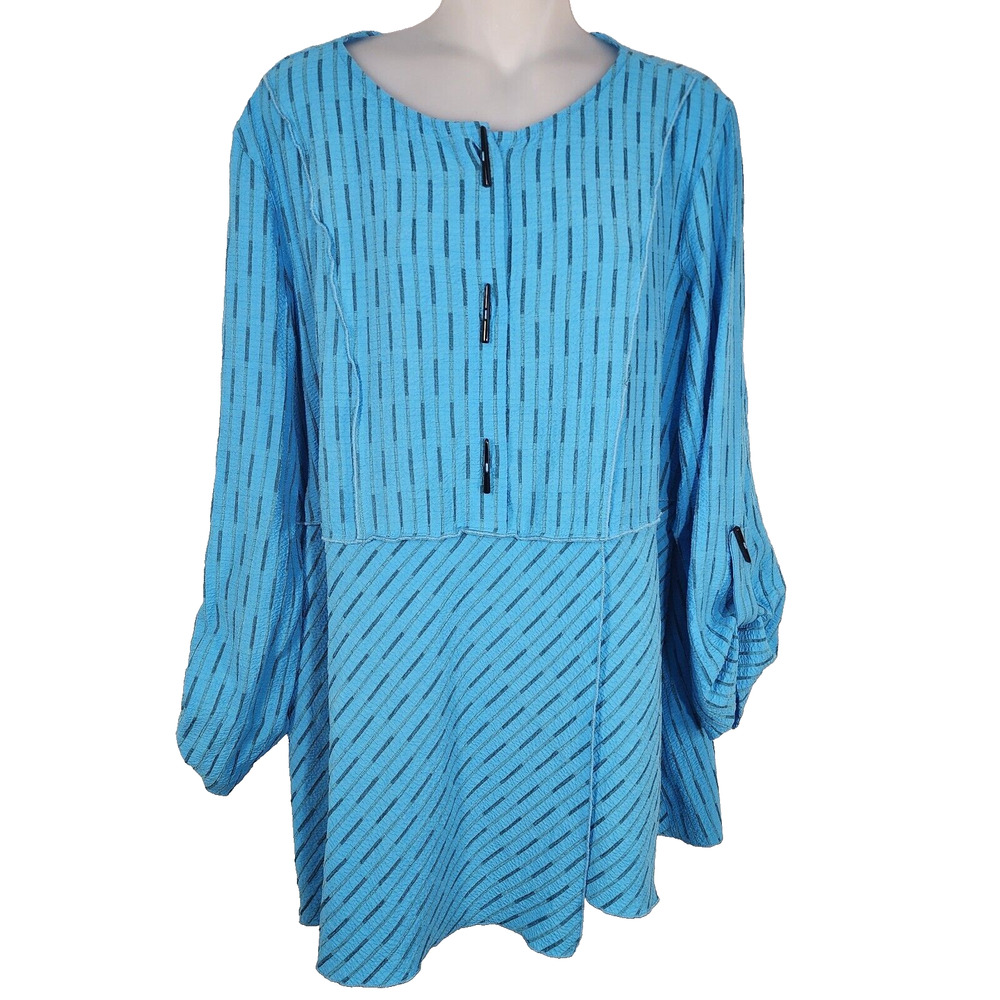 Ali Miles Top Women Large Tunic Blue Toggles Roll Tab Sleeves Pullover Lagonlook